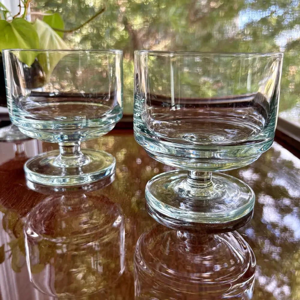 Vintage Footed Stub Glasses Heavy Base Clear MCM Set of 2
